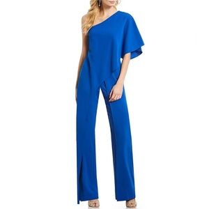Adrianna Papell Blue Stretch One Shoulder Flutter Sleeve Jumpsuit Size 4